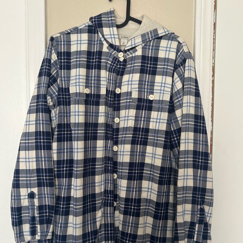 L.L. Bean Blue and White Hooded Shirt